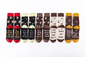 Selection of colorful beverage pattern crew socks with funny English text on soles
