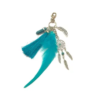 Detailed view of a bohemian style dreamcatcher keychain featuring blue tassel and feathers