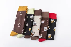 Detail view of cotton crew socks featuring various drink patterns like coffee and beer