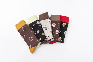 Set of colorful men's cotton crew socks with coffee and beer drink patterns