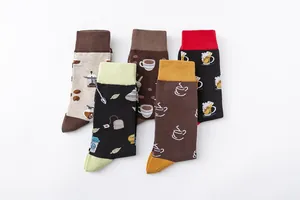 Detailed view of mid-high crew cotton socks featuring various beverage themed patterns