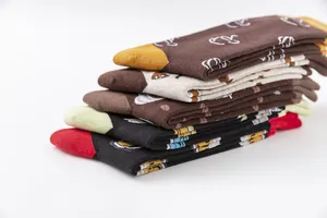 Stack of colorful mid-calf cotton socks featuring drink series cartoon patterns