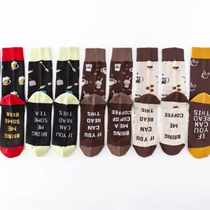 Variety of funny drinks pattern cotton crew socks with novelty text on bottom