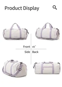 Multi-angle views of a stylish lavender and grey gym duffel bag for sports and travel.