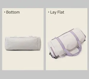 Details of a lavender and gray women's casual duffel bag showing bottom and flat lay