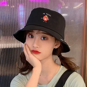 Stylish black bucket hat for women featuring sweet MR. TOMATO fruit embroidery design