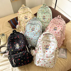 Zaini scolastici colorati a pois e simpatici motivi di gatti in vari colori pastello.