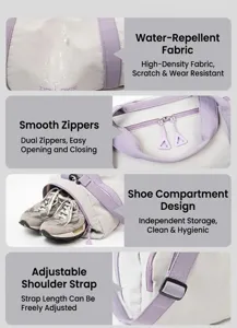 Detailed features of the water-repellent travel duffel bag with shoe compartment