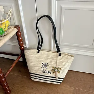 Detailansicht einer gewebten Stroh-Tote-Bag mit Palmenmuster und GOA-Stickerei in Creme