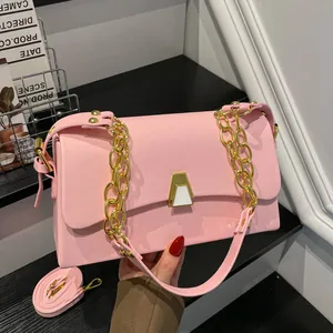Close-up of a stylish pink square handbag with a thick gold chain and a chic metal clasp