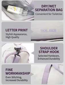 Features of lavender tote bag: dry-wet separation pocket, durable hooks and fine stitching