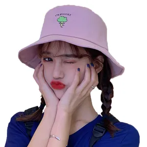 Cute pink bucket hat with sweet broccoli embroidery for women student sun protection