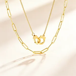 Double Layered Stainless Steel Handcuff Pendant Necklace For Women Gold Silver Plated Paperclip Chain Fashion Jewelry