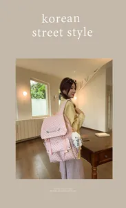 Detailed view of a pink star-patterned backpack with a cute white bunny plush charm
