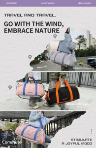 Detailed view of women's trendy duffle bags in multiple colors for travel and gym use