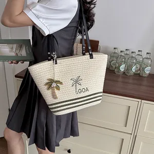 Nahaufnahme einer gewebten Stroh-Tote-Bag mit Palmenanhänger und GOA-Stickerei im Detail
