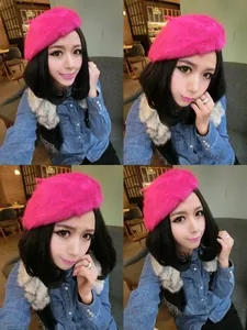 Stylish pink rabbit fur beret for women shown in a cozy autumn and winter outfit