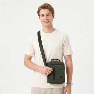 Men's casual olive green messenger bag with adjustable strap and top carry handle