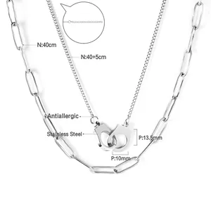 Detailed measurements of double-layer stainless steel necklace with handcuff pendant
