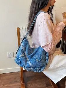 Sac hobo vintage en denim bleu avec fermetures éclair, sac à bandoulière décontracté femme