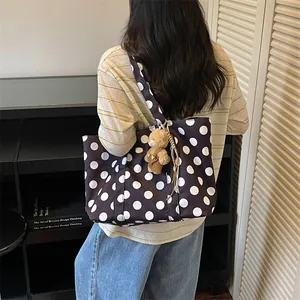 Large capacity polka dot tote bag with cute bear charm for daily commute