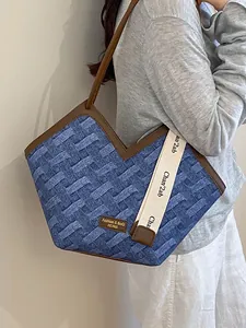 Große gewebte Damen-Tragetasche in Blau mit modernem V-Ausschnitt-Design