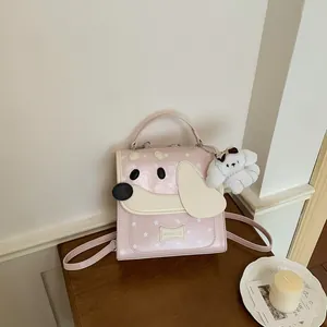 Cute pink cartoon dog backpack with star patterns and a white plush dog charm detail