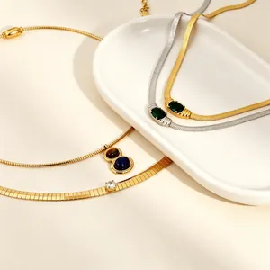Women Retro Stainless Steel Necklace Emerald Green Rhinestone Pendant Herringbone Snake Blade Chain Electroplated Jewelry Gift