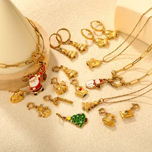 18K Gold Plated Stainless Steel Christmas DIY Charms Enamel Santa Snowman Elk Tree Pendants For Jewelry Making Festive Party Accessory
