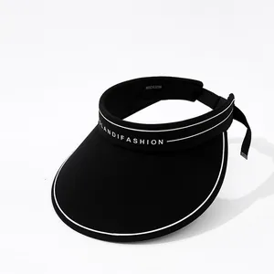 Détail d'une visière pare-soleil noire à large bord avec logo blanc imprimé