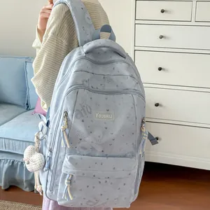 Detailed view of high-capacity light blue casual student backpack with heart patterns