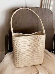 Bolso Bombonera Tejido para Mujer Cuero PU Bolso de Hombro Grande de Axila Con Juego de Neceser Estilo Coreano Minimalista Verano Bolso de Mano