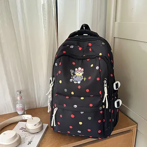 Zaino nero a pois con ricamo di gatto cartone animato per studenti delle scuole