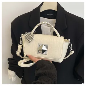 Chic cream-white small square bag with silver bead handle and metallic stud clasp