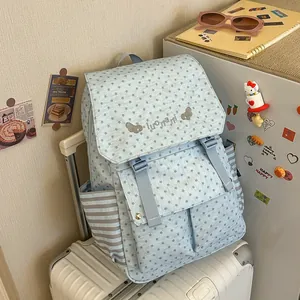 Detailed view of a light blue star-patterned backpack with grey striped side pockets