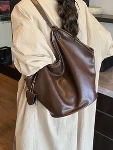 Large capacity brown slouchy tote bag with vintage leather texture