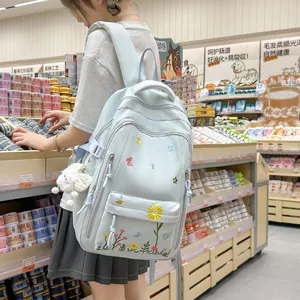 Dettaglio di uno zaino azzurro con ricami floreali e un ciondolo di peluche bianco
