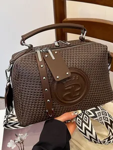 Damen Gewebte Textur Umhängetasche Luxus PU Leder Handtasche Mit Breitem Geometrischem Gurt Mode Sommer Schultertasche