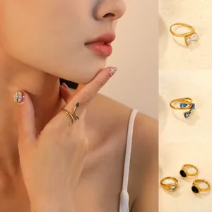 Stainless Steel Snake Ring Geometric Water Drop Emerald Green Rhinestone Square Diamond Ring Fashion Jewelry For Women