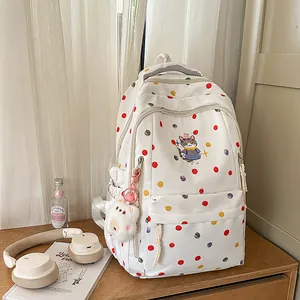 Zaino scolastico bianco con pois colorati, ricamo gatto carino e ciondolo peluche