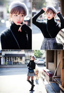Close-up and full-body views of a gray rabbit fur beret in an outdoor setting