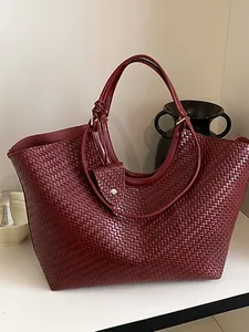 Korean Style Woven Tote Bag Women Large Capacity PU Leather Shoulder Bag Casual Shopper Bag Versatile Fashion Handbag