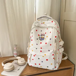 Zaino bianco estetico a pois con ricamo a gatto per studenti, alta capacità spaziosa