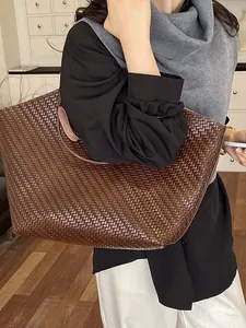 Large brown woven tote bag for women in a stylish Korean minimalist look.
