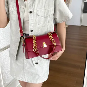 Detailed view of a fashionable red women's crossbody square bag with chunky gold chain