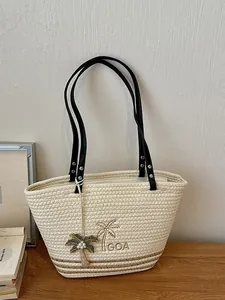 Damen Gewebte Tragetasche Minimalistische Mode Stroh Stil Umhängetasche Mit Kokospalmen Stickerei Und Perlenanhänger Urlaubstasche