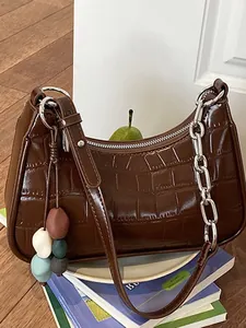 Women Crocodile Pattern Hobo Bag PU Leather Dumpling Shaped Crossbody Shoulder Bag With Silver Chain And Colorful Bead Charm