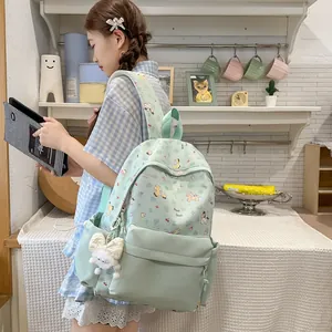 Cute Japanese style mint green cartoon backpack for girls in a cozy kitchen setting.