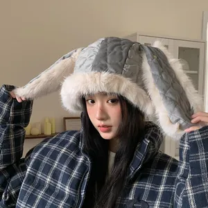 Damen Süße Hasenohren Plüschmütze Winter Warm Gesteppt Samt Kunstpelz Lei Feng Mütze Winddicht Ohrenschutz Klappenmütze