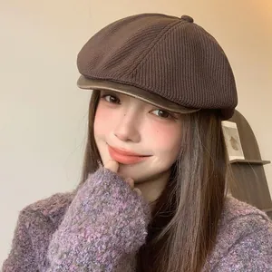 British Vintage Knitted Beret Hat For Women Winter Warm Acrylic Flat Cap Fashion Painter Hat With Leather Brim Solid Color